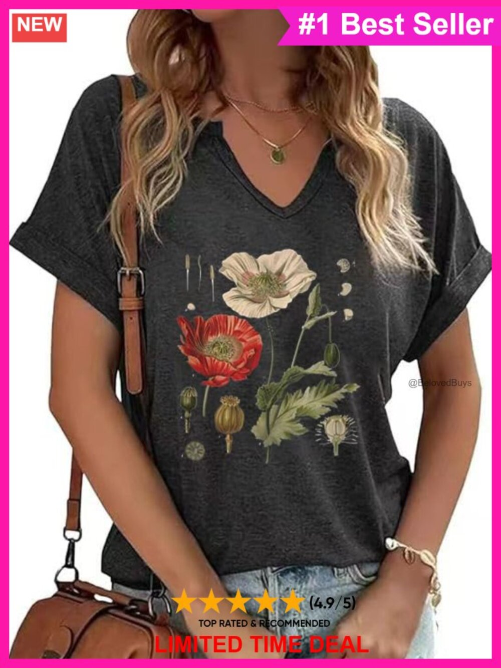 Vintage Floral V Neck Short Sleeve T Shirt Women Boho Wildflowers Graphic Tee